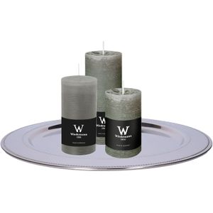 Wiedemann Cilinderkaarsen set van 3 met kaarsenbord - lichtgrijs - 6x9/6x12/7x16 cm - rustieke kaarsen