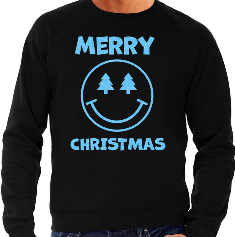 Bellatio Decorations Foute Kersttrui/sweater voor heren - Merry Christmas - zwart - glitter blauw - smiley