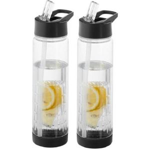 2x Transparante Drinkflessen/Waterflessen met Zwart Fruit Infuser 740 ml - Sportfles - BPA-vrij