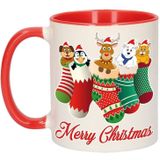 Set van 4x stuks kerstmis cadeau mokken - Merry Christmas - diertjes in kerstsokjes - 300 ml - keramiek - Kerst servies