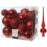 Kerstversiering kunststof kerstballen rood 6-8-10 cm pakket van 27x stuks - Met glans glazen piek van 26 cm