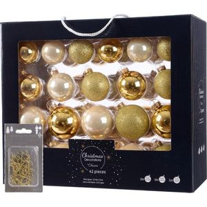 Kerstversiering glazen kerstballen mix set 5-6-7 cm goud/champagne 42x stuks met goudkleurige haakjes