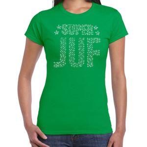 Glitter Super Juf t-shirt groen met steentjes/ rhinestones voor dames - Lerares cadeau shirts - Glitter kleding/foute party outfit