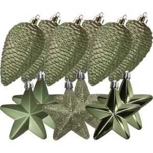Decoris Kersthangers - 12 ST - dennenappels en sterren kerstornamenten - kunststof - mosgroen