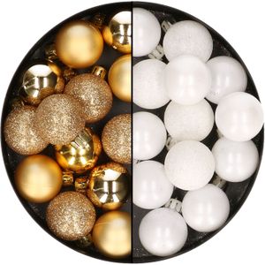 28x stuks kleine kunststof kerstballen wit en goud 3 cm - kerstversiering