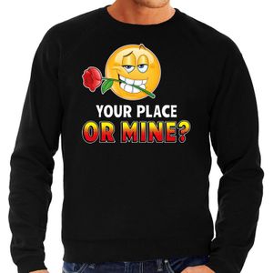 Funny emoticon sweater Your place or mine zwart voor heren - Fun / cadeau trui