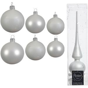 Groot pakket glazen kerstballen winter wit glans/mat 50x stuks - 4-6-8 cm incl piek mat 26 cm