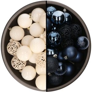 Kerstballen - 74x stuks - wol wit en donkerblauw - 6 cm - kunststof