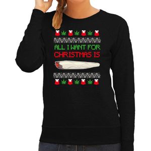 Bellatio Decorations foute Kersttrui/sweater dames - All i want for Christmas is wiet - zwart -joint