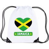 Jamaica nylon rijgkoord rugzak/ sporttas wit met Jamaicaanse vlag in hart