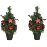 2x stuks mini kunst kerstbomen/kunstbomen met rode versiering 30 cm - Miniboompjes/kleine kerstboompjes