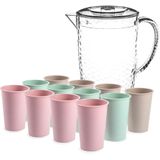 Stevige sapkan/water/schenkkan karaf met deksel 2 liter set met 12x kunststof multicolor drinkglazen 200 ml