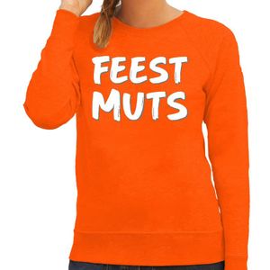Feest muts sweater / trui oranje met witte letters voor dames -  Oranje fun tekst truien / grappige sweaters