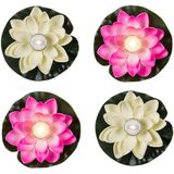 Setje van 8x stuks decoratie waterlelies met LED-licht 13 cm wit/roze - Tuin/vijver decoraties