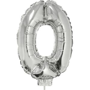 Zilveren opblaas cijfer ballon 0 op stokje 41 cm