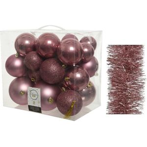 Kerstversiering kunststof kerstballen 6-8-10 cm met folieslingers pakket oud roze van 28x stuks - Kerstboomversiering