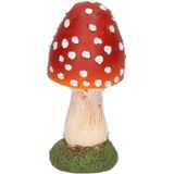 Decoratie paddenstoelen setje met 2x gewone paddenstoelen van 13 cm en 1x vliegenzwam van 16 cm met vogeltjes