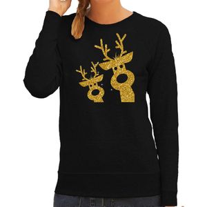 Bellatio Decorations foute kersttrui/sweater voor dames - gouden rendieren - zwart - glitter goud