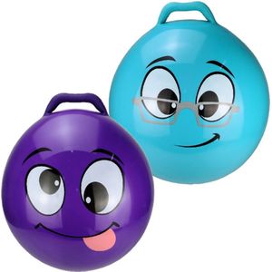 2x stuks skippyballen smiley voor kinderen paars en blauw 55 cm - Zomer buiten speelgoed