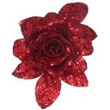 Cosy &amp; Trendy Kerstboomversiering bloem op clip rode glitter roos 15 cm - kerstboom decoratie - rode kerstversieringen
