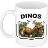 Dieren liefhebber brullende t-rex dinosaurus mok 300 ml - kerramiek - cadeau beker / mok dinosaurussen liefhebber