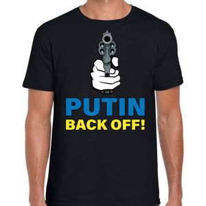 Putin back off t-shirt zwart heren - pistool- Oekraine protest/ demonstratie shirt met Oekraiense vlag in letters