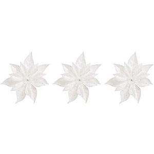 3x Kerstboomversiering bloem op clip witte kerstster 18 cm - kerstfiguren - witte kerstversieringen