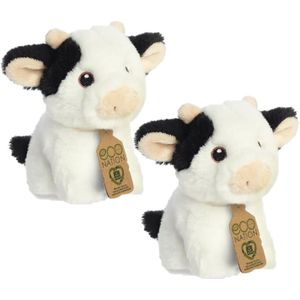 Set van 2x stuks pluche dieren knuffels zwart/witte koeien van 13 cm - Knuffeldieren koeien speelgoed