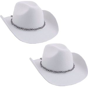 2x stuks witte verkleed cowboyhoeden met koord - Carnaval hoeden - Western thema