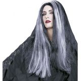 Heksenpruik met lang grijs/zwart haar