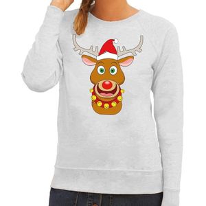 Foute kersttrui / sweater met Rudolf het rendier met rode kerstmuts grijs voor dames - Kersttruien