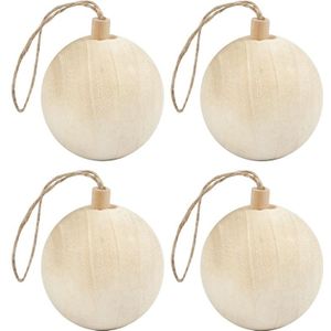 4x Houten kerstballen van licht hout Keizerin boom 6,4 cm - Kerstballen decoratie hangers