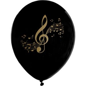 Santex muziek thema feest ballonnen - 8x stuks - 23 cm - zwart/goud - latex