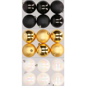 18x stuks kunststof kerstballen mix van zwart, parelmoer wit en goud 8 cm - Kerstversiering