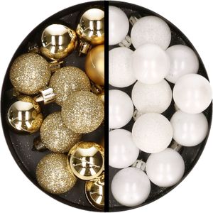 Kerstballen 34x st - 3 cm - goud en wit - kunststof