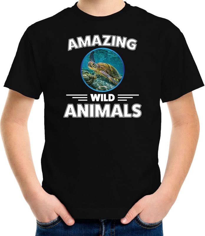 T-shirt schildpad - zwart - kinderen - amazing wild animals - cadeau shirt schildpad / schildpadden liefhebber