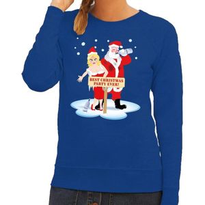 Foute kersttrui / sweater dronken kerstman en kerstvrouw na kerstborrel/ feest blauw voor dames - Kersttruien