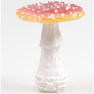 Deco huis/tuin beeldje paddenstoel - vliegenzwam - rood/wit - 15 x 18 cm - Herfst decoratie