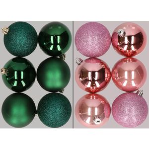 12x stuks kunststof kerstballen mix van donkergroen en roze 8 cm - Kerstversiering