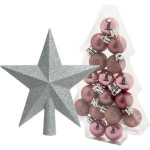 Kerstballen roze 17x st 3 cm - met ster piek zilver - kunststof