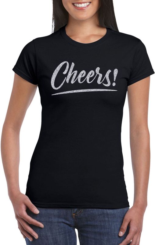 Bellatio Decorations T-shirt voor dames - cheers - zwart - zilver glitter