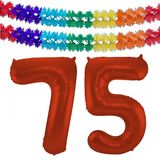 Folat folie ballonnen - Leeftijd cijfer 75 - rood - 86 cm - en 2x slingers