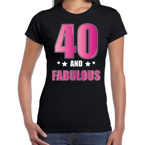 40 and fabulous verjaardag cadeau t-shirt / shirt - zwart met roze en witte letters - voor dames - 40ste verjaardag kado shirt / outfit