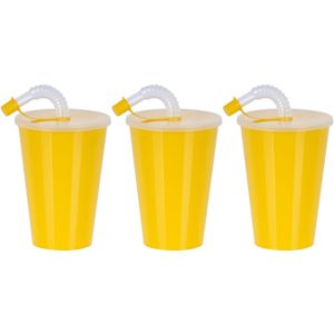 Juypal Drinkbeker met deksel en rietje - 6x - geel - kunststof - 450 ml - 12 x 9 cm