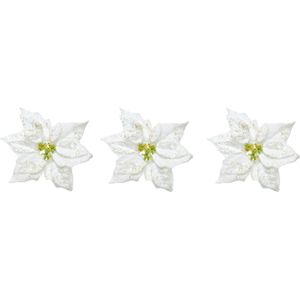 10x stuks decoratie bloemen kerststerren wit glitter op clip 20 cm - Decoratiebloemen/kerstboomversiering/kerstversiering