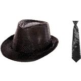 Folat - Verkleedkleding set - Glitter hoed/stropdas zwart volwassenen