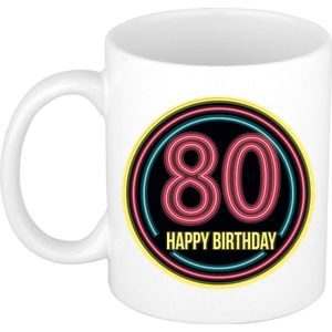 Bellatio Decorations Verjaardag mok / beker -  happy birthday 80 jaar - neon - 300 ml