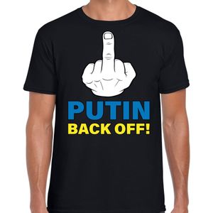Putin back off t-shirt zwart heren -middelvinger- Oekraine protest/ demonstratie shirt met Oekraiense vlag in letters
