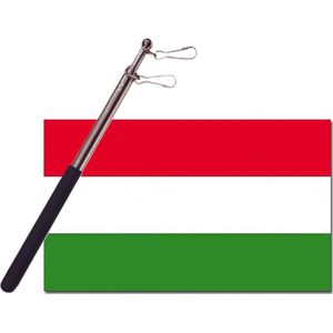 Landen vlag Hongarije - 90 x 150 cm - met compacte draagbare telescoop vlaggenstok - zwaaivlaggen