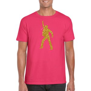 Bellatio Decorations disco verkleed t-shirt voor heren - roze - gouden glitter - jaren 70/80